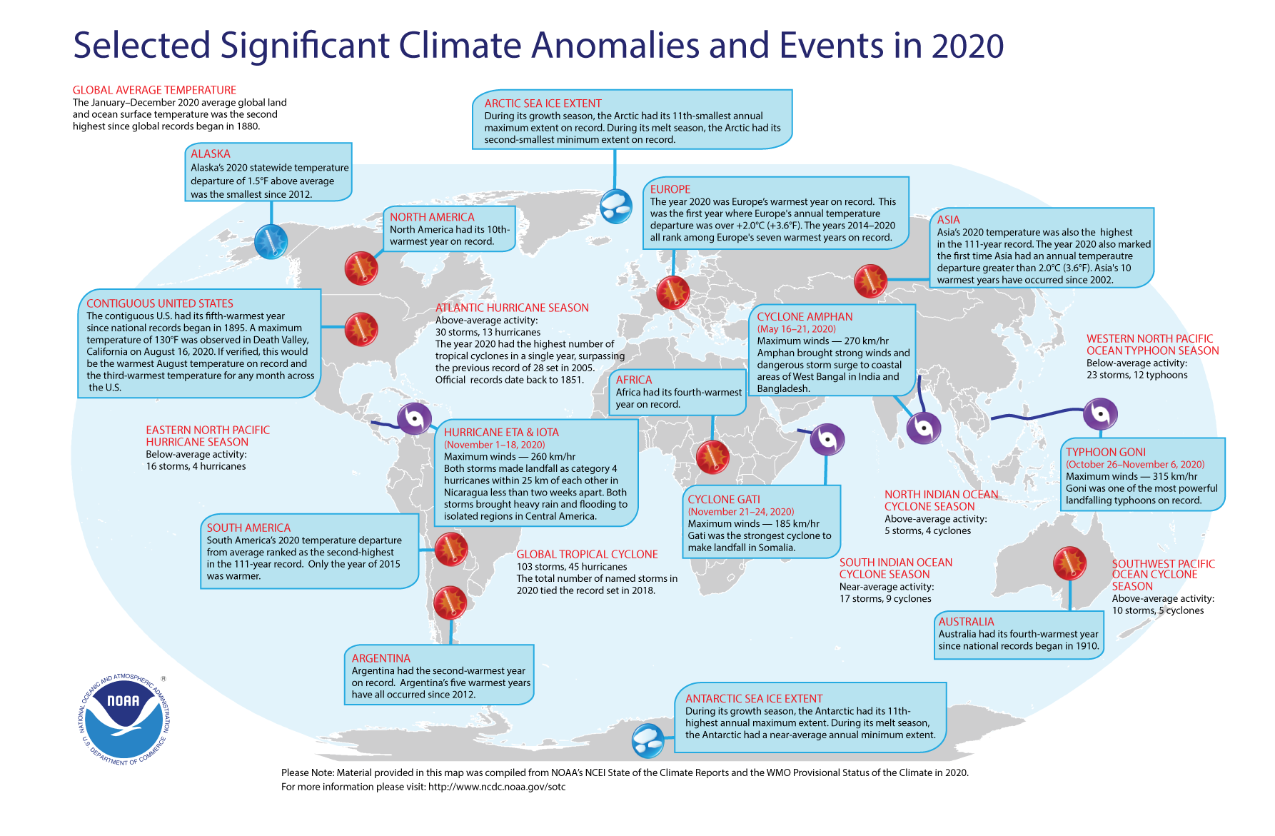 An annotated map of the world plotted with the year's most significant climate events. Please see the story below as well as  the report summary from NOAA NCEI at http://bit.ly/Global202012.