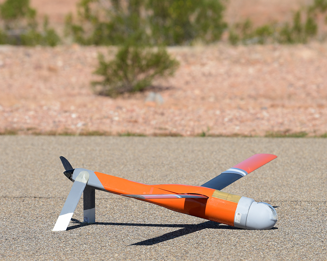 An Altius uncrewed aircraft (research drone) at landing. This model is similar to those being tested by scientists aboard NOAA Hurricane Hunters.