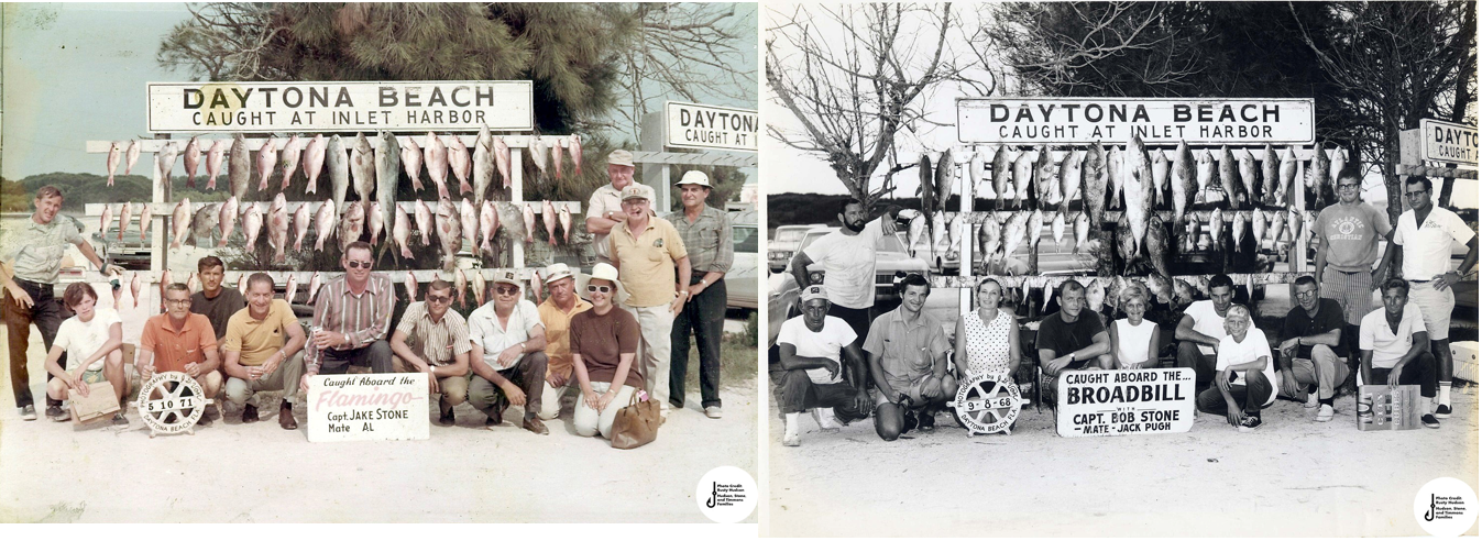 Two photos side by side which show historic fishing photos. Both photos look almost the same with a group of people gathering at the same dock. The photos are taken three years apart.