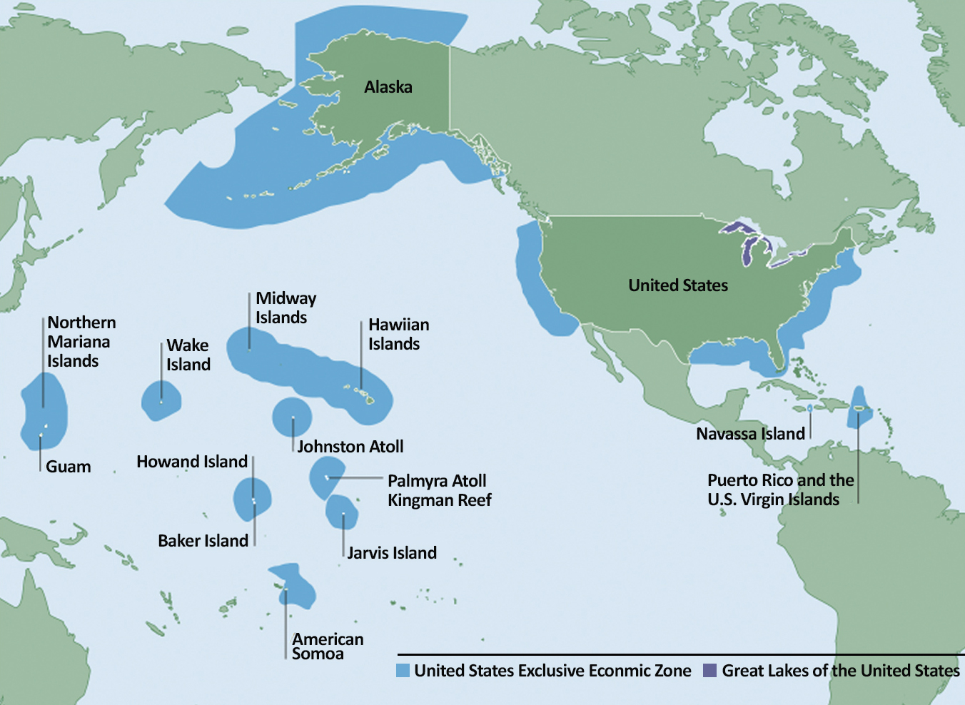 Dark blue areas on this map outline the Exclusive Economic Zone (EEZ) of the United States and affiliated islands. The U.S. EEZ is larger than its land area.