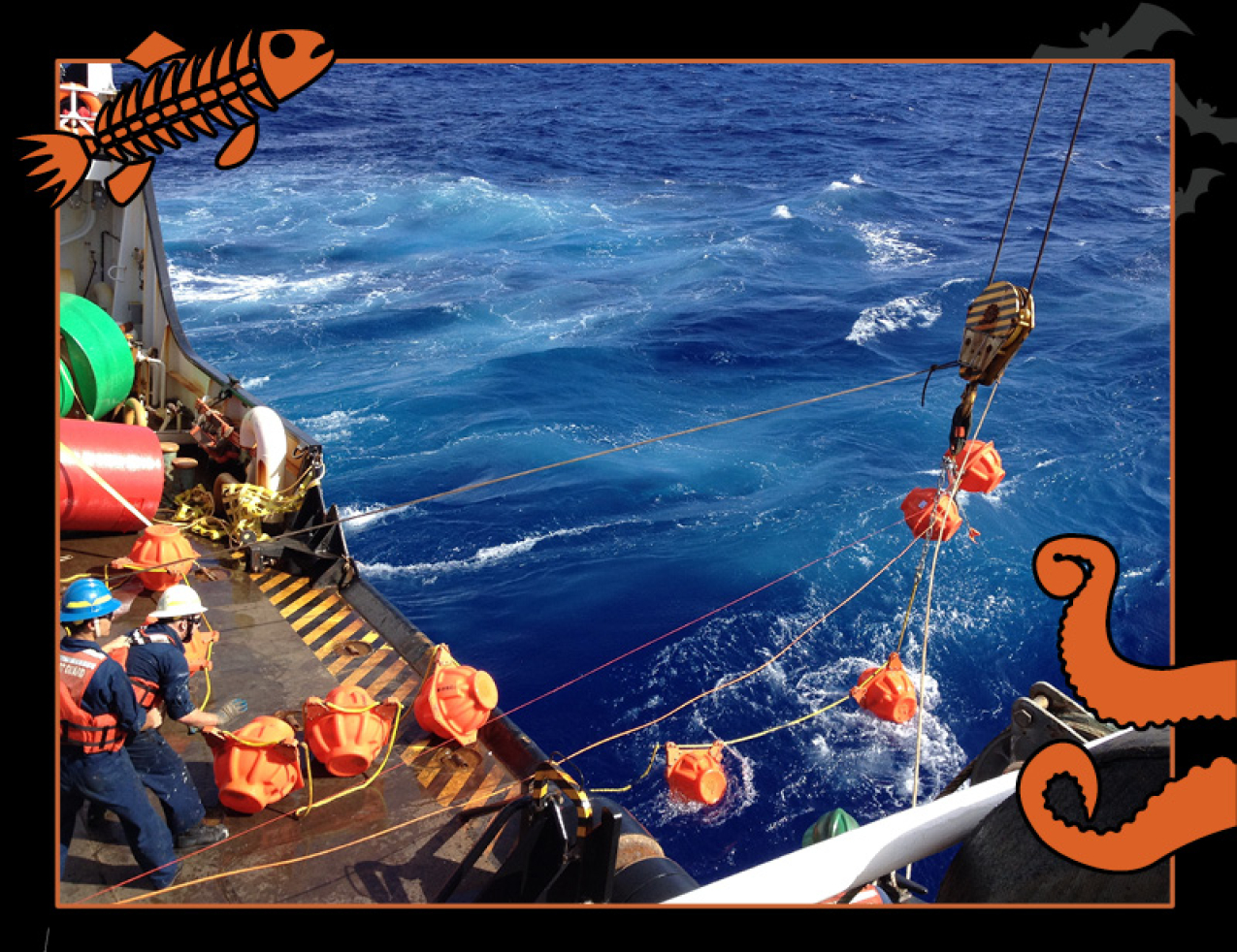 An aerial view of a ship crew recovering a hydrophone from the ocean. There are people on board the vessel with hard hats and life jackets who are using a pulley system to hoist the hydrophone out of the water. Border of the photo is black with orange sea creature graphics of octopus tentacles and a fish skeleton. Text: Sounds of the Mariana Trench, #NOAASpookyScience with NOAA logo.