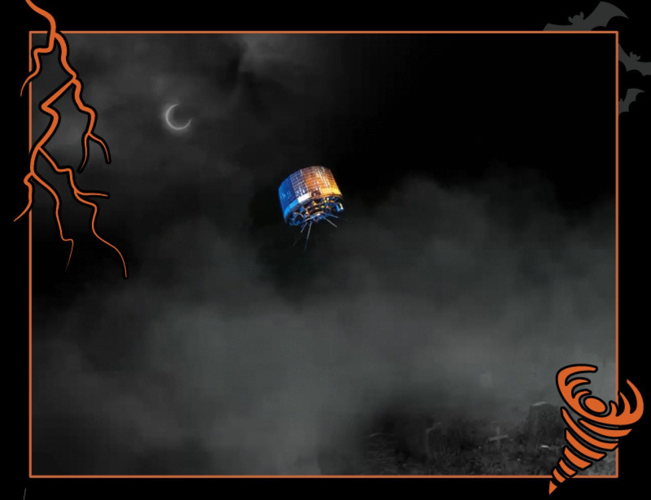 A graphic of a satellite in orbit with the moon in the background. Border of the photo is black with orange atmospheric graphics of a lightning bolt and a tornado. Text: Zombie satellites, #NOAASpookyScience with NOAA logo.