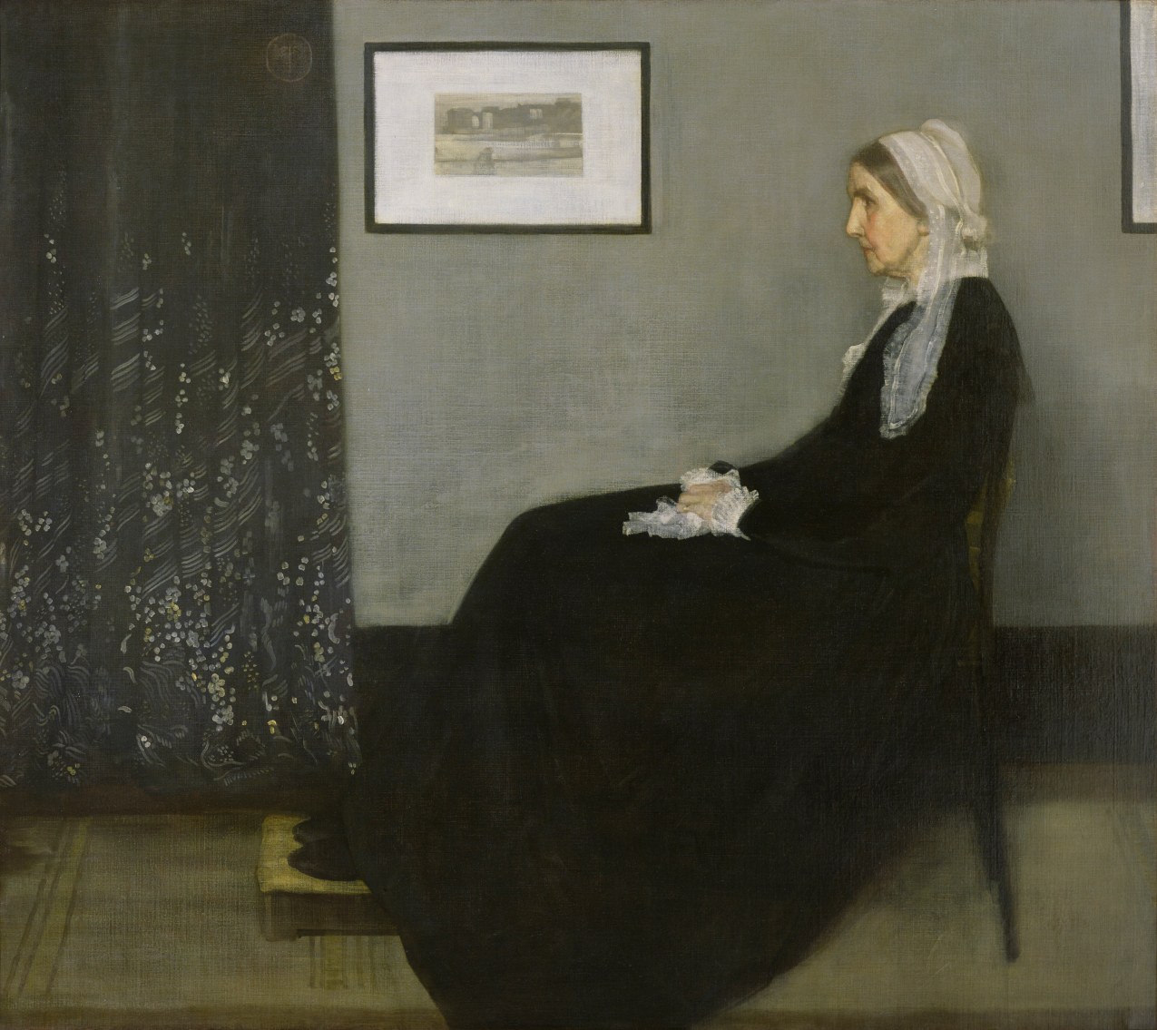 The painting, "Arrangement in Grey and Black No. 1" or "Whistler's Mother", which depicts a middle-aged woman wearing a black dress and a white head covering, sitting in a chair.