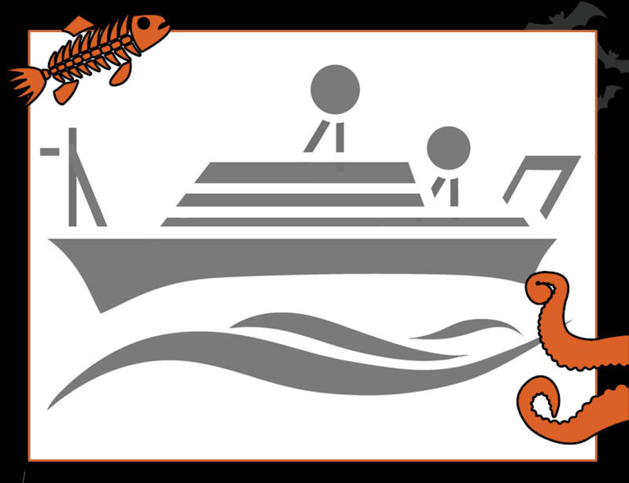A stencil image of a large ship with waves below. Border of the photo is black with orange sea creature graphics of octopus tentacles and a fish skeleton. Text: Ocean observing pumpkin stencils, #NOAASpookyScience with NOAA logo.