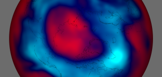 NOAA satellites observed an ozone hole developing over the Arctic March 10, 2020. In this snapshot, places where ozone amounts are less than 280 Dobson Units are shown in red.
