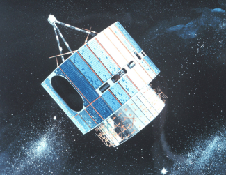 Graphic of early GOES satellite in orbit, circa 1975.