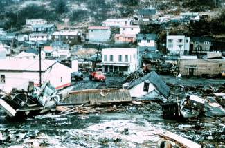 Tsunami damage at Kodiak, Alaska, following the 1964 Good Friday earthquake.