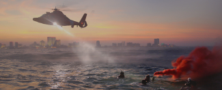 U.S. Coast Guard rescue swimmers from Coast Guard Air Station Atlantic City train off of the coast Atlantic City, New Jersey, during a U.S. Coast Guard Training Exercise.