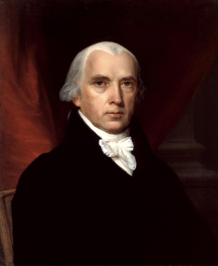 Painting of the 4th U.S. president, James Madison. The image shows President Madison from the shoulders up, wearing a dark coat and white cravat in front of a brown wall with a red drape in front of the left half of it.