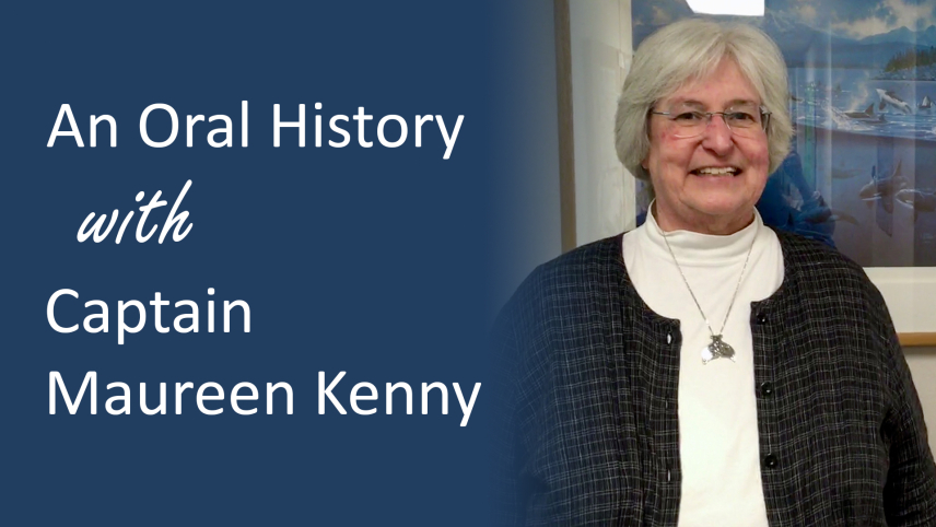 The words "Oral History with Captain Maureen Kenny" in white over a blue gradient, with a photo of Captain Kenny to the right.