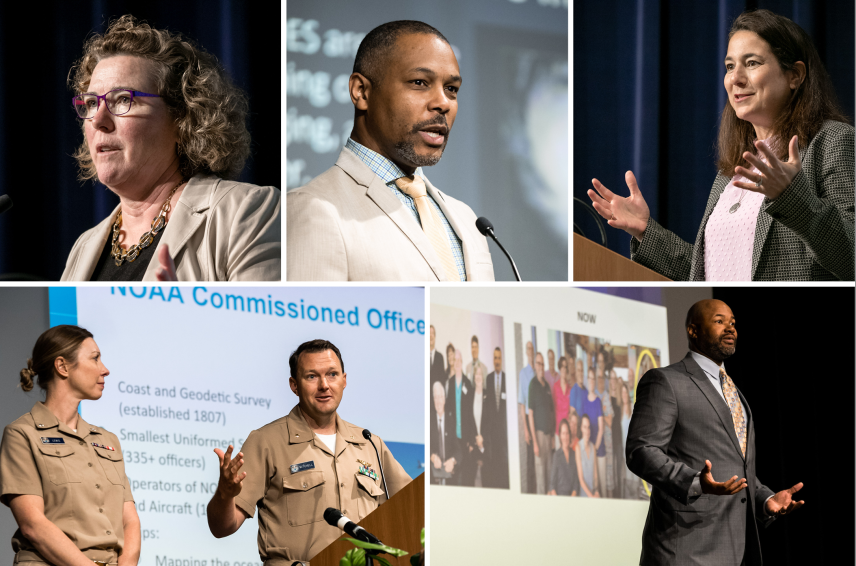 Photos in a grid: Each speaker is presenting on stage that also has a projection screen in the background. They are all wearing blazers or suits with the exception of LCDR Robert Mitchell and CDR Wendy Lewis, who are in NOAA Corps uniforms.