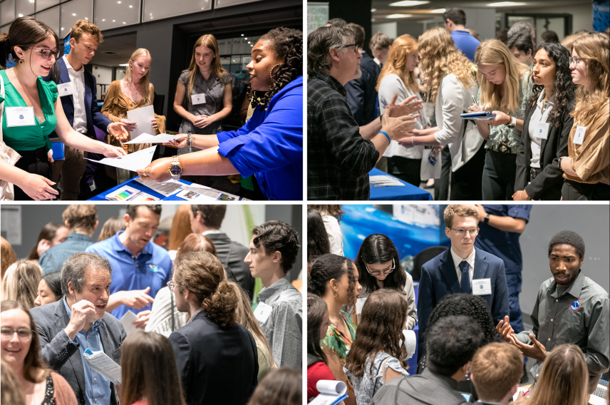 Four photos in a grid. In each photo, groups of students engage with NOAA line office representatives. The photos catch them taking flyers, talking to representatives one-on-one or in a group, and talking to each other in the crowd.