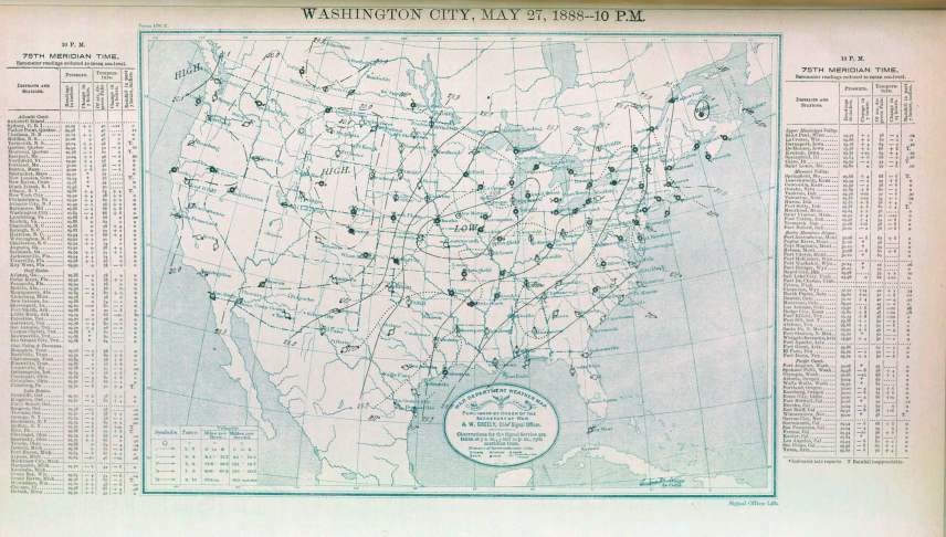 Photo of a U.S. War Department (Signal Service) daily weather map for May 27, 1888 at 10:00 pm. The map shows the continental United States outlined in blue ink. On either side of the map are columns listing each district and station, the barometric pressure and temperature readings, and rainfall measurements.