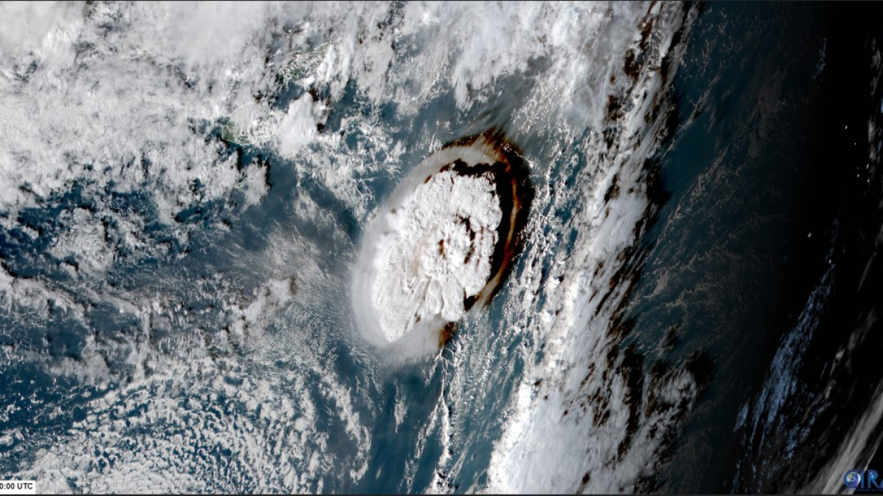 Satellite imagery of the Tonga-Hunga Ha’apai volcano in the South Pacific Ocean on January 15, 2022.