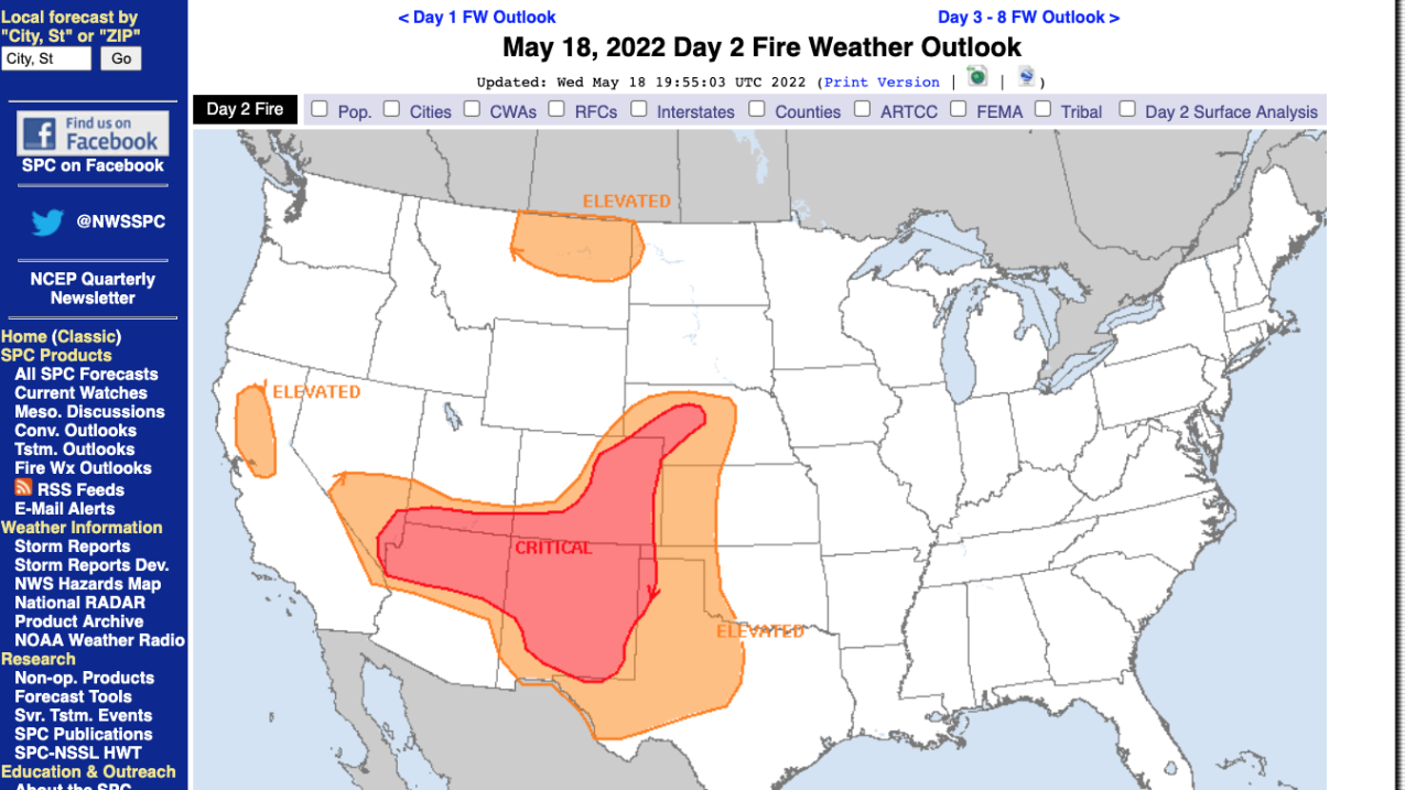 The Storm Prediction Center's 2-day fire weather outlook for May 18, 2022