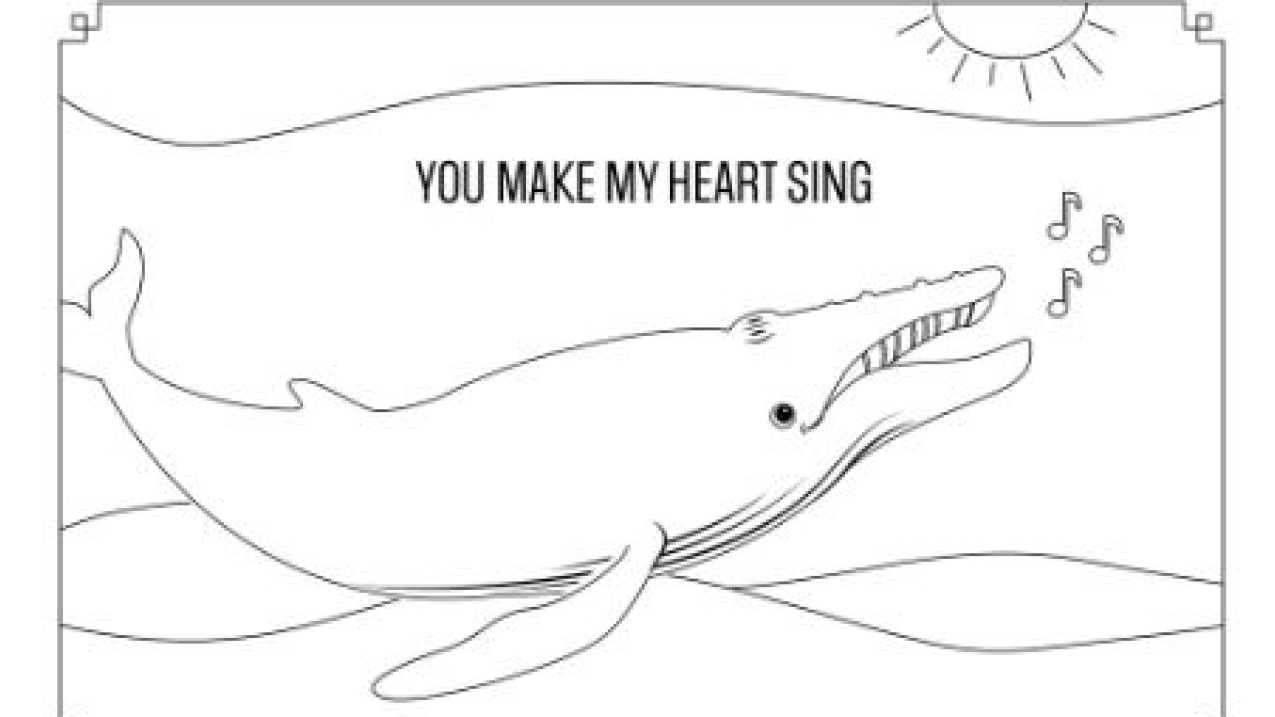 Two Valentine's cards illustrated in simple outlines that could be colored in. One features a humpback whale and says, "You make my heart sing." The other features two dolphins and says, "You're dolphinately one of a kind."