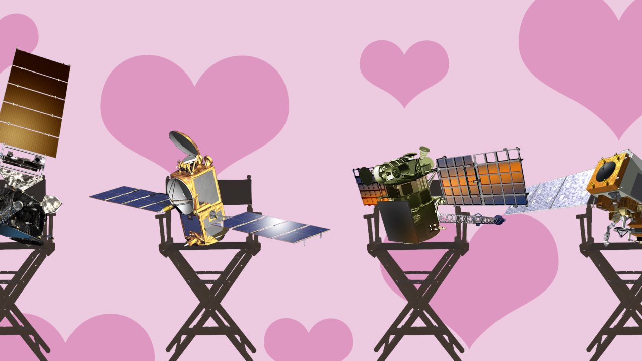 Four satellites sit on chairs and have a pink heart background behind them. The satellites are numbered from left to right, 1-4.