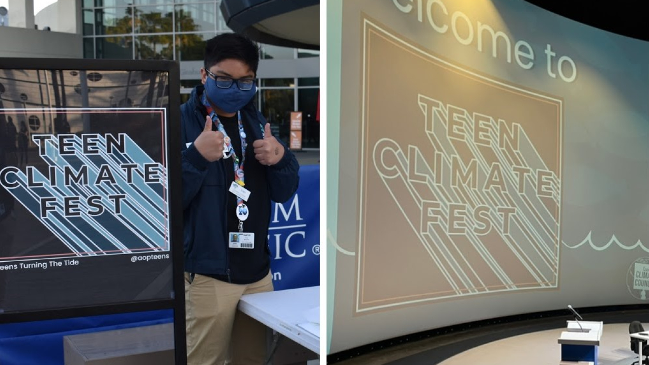(Left) One person standing and posing with two thumbs up next to a sign that reads “Teen Climate Fest”. (Right) A podium with a microphone is set up on a stage. A big screen is taking up the wall behind the podium, displaying the text “Teen Climate Fest”.