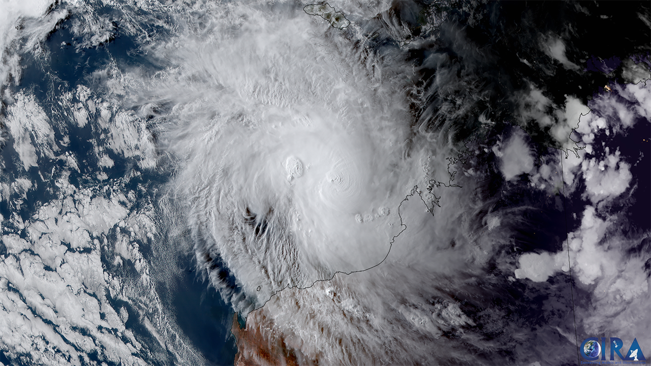 In this image captured on April 12, 2023 by the Himawari-9 satellite, operated by NOAA’s partners at the Japan Meteorological Agency, Tropical Cyclone Ilsa strengthens as it approaches Australia. Ilsa’s landfall set a new record for the strongest winds observed in western Australia.