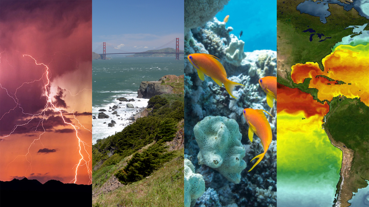 Collage showing examples examples of weather, ocean, fisheries habitat and climate priorities for interdisciplinary research.