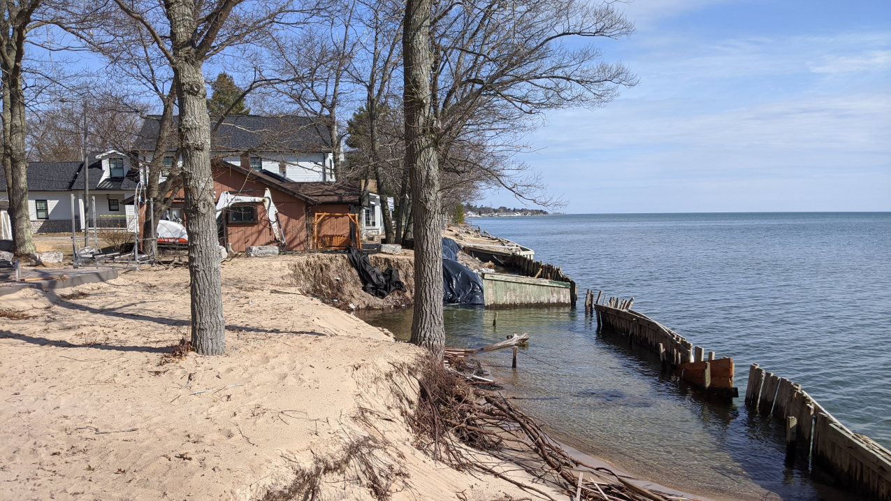 Photo showing High water levels encroach on seawalls and lakeside property near the town of Oscoda, Michigan on Lake Huron in April 2020 (Gabrielle Farina, NOAA GLERL).