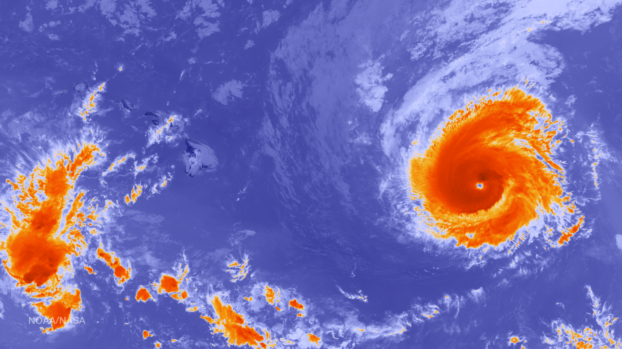 This color-enhanced infrared image, captured by the VIIRS instrument aboard the NOAA/NASA Suomi NPP satellite shows Hurricane Madeline approaching Hawaii from the east on August 29, 2016. 