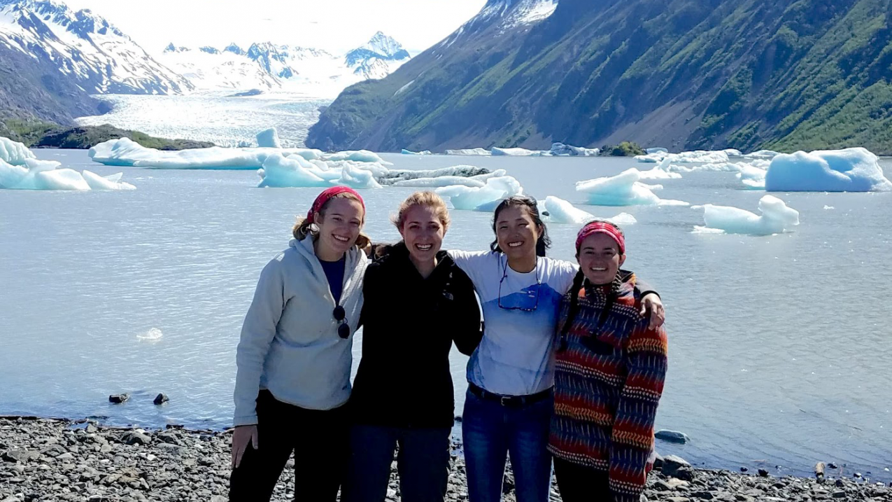 NOAA Scholars (left to right) Adrian Teegarden, Anna Lowien, Ashley Bang and Megan Hazlett are all doing research projects related to the life cycles and habitats of salmon and forage fish in the Kenai Peninsula of Alaska. As you can see, they've been out conducting field work in some of Alaska's most beautiful bays!
