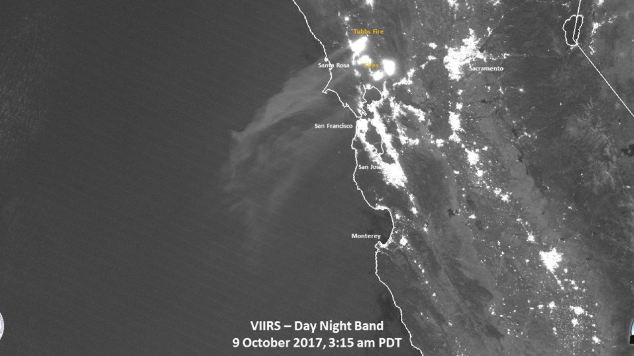 Image of California wildfires on Oct. 9, 2017, captured by the "Day-Night-Band" of the VIIRS instrument on Suomi NPP that will fly on JPSS-1.