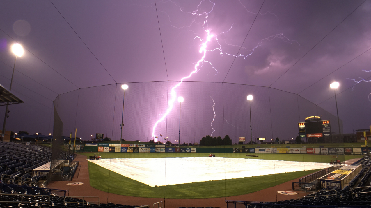 Lightning strikes Citibank Ballpark in Midland, Texas. 
