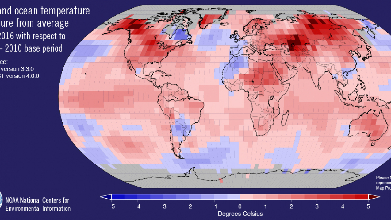 Map: Land and ocean temperature departure from average for March 2016, 