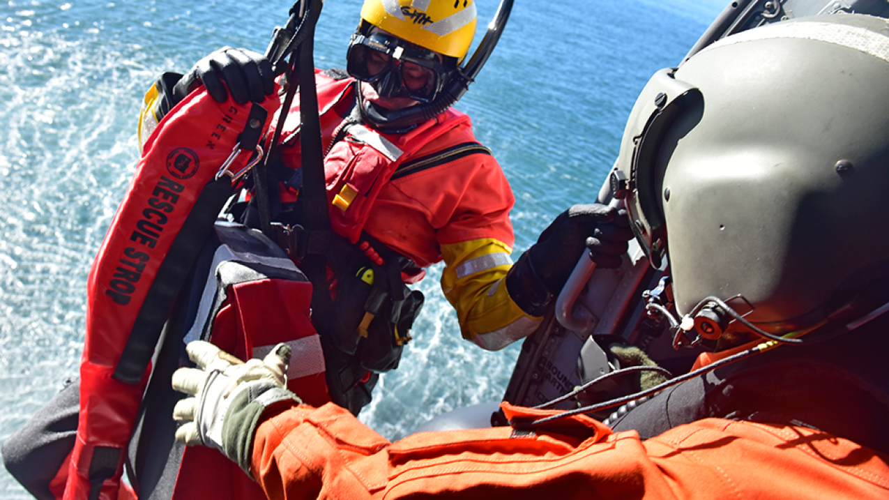 A U.S. Coast Guard crew, a vital component of SARSAT, conducts ocean search and rescue training.