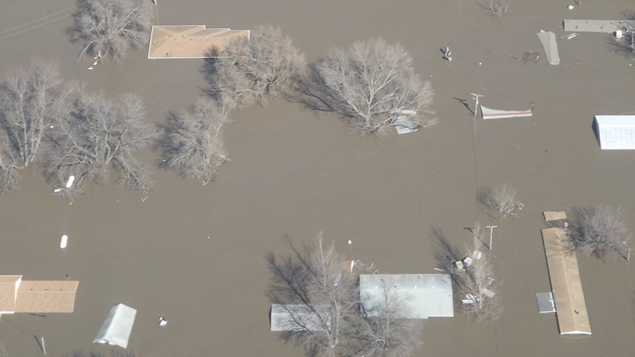 Levees along the Missouri River have failed during ongoing flooding in Fremont County, Iowa damaging homes and displacing residents in this photo from March 17, 2019. 