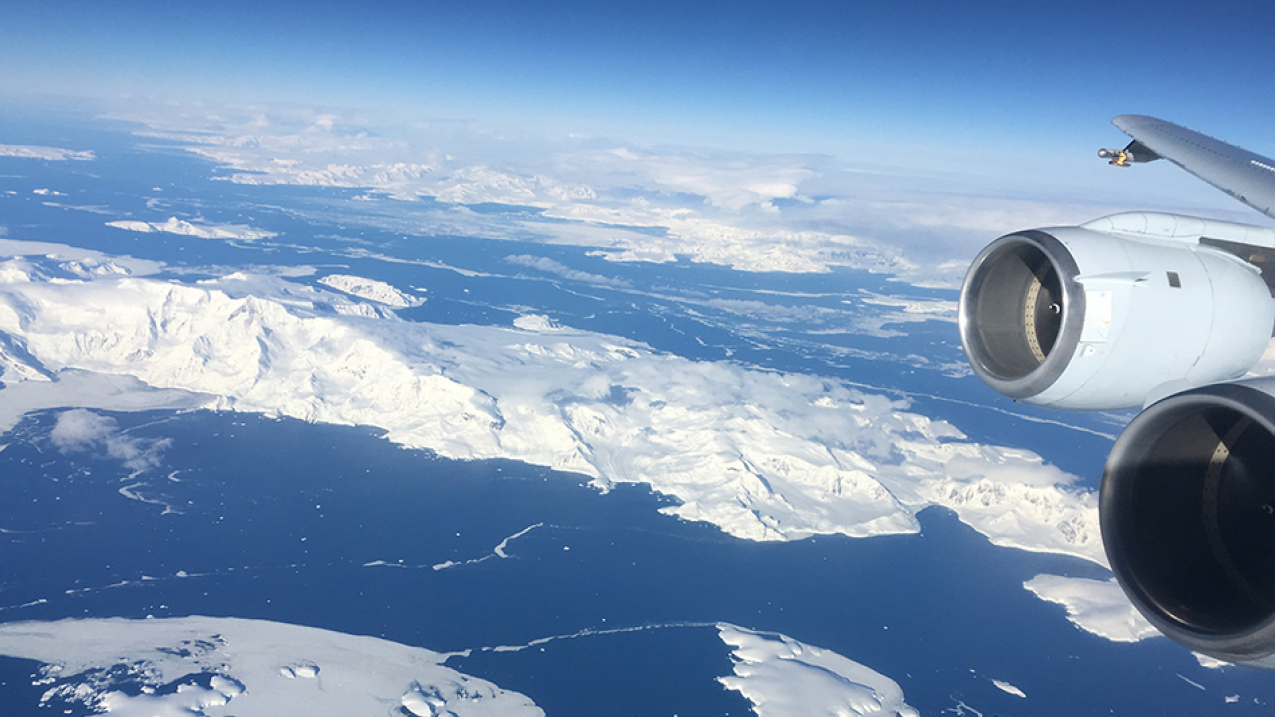 The NASA DC-8  approaches Antarctica on Oct. 14 as part of  joint NASA/NOAA mission to study short-lived greenhouse gases over the remote ocean.