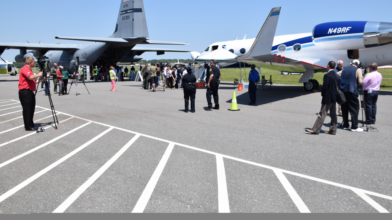 The USAF Reserve WC-130J (left) and the NOAA G-IV (right) on display at the NOAA HAT site in Norfolk, Virginia, May 6, 2015.