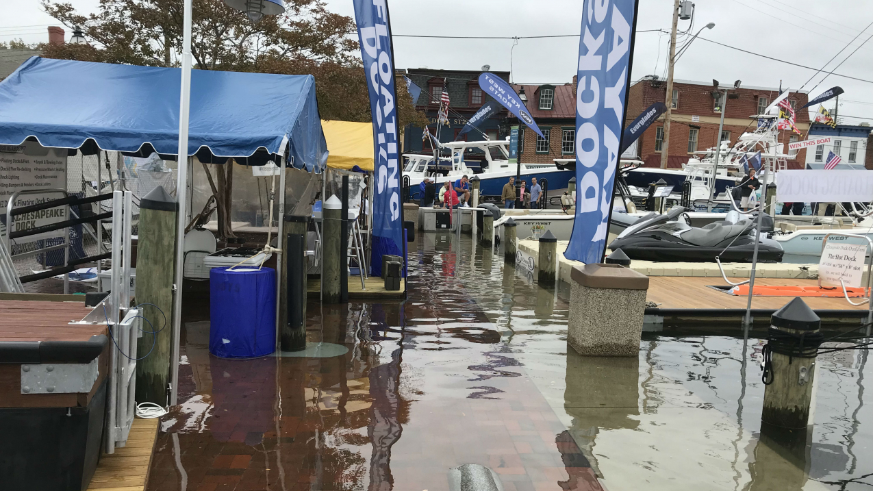 High tide flooding affected a boat show in Annapolis, Maryland, October 13, 2017