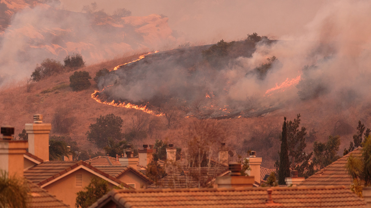 A view of spreading flames from the wildfire in Anaheim Hills, Orange County, California. October 2017.