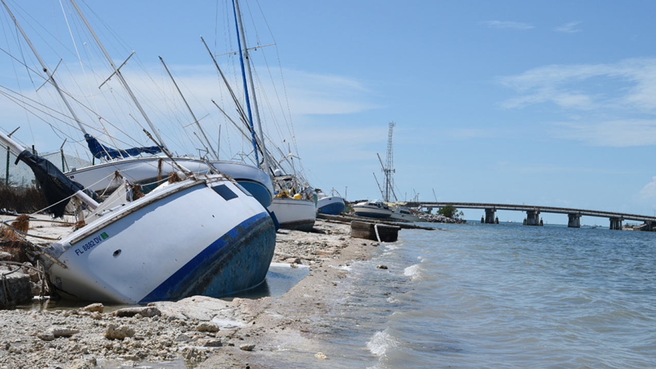 Sailboats and personal craft litter the shoreline near Naval Air Station Key West, Florida, Sept. 15, 2017, following Hurricane Irma. 