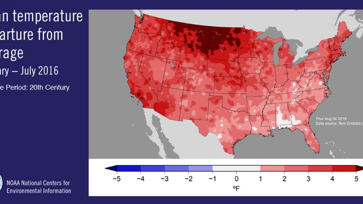 Year to date (January to July) mean surface temperature departure from average for the U.S.  