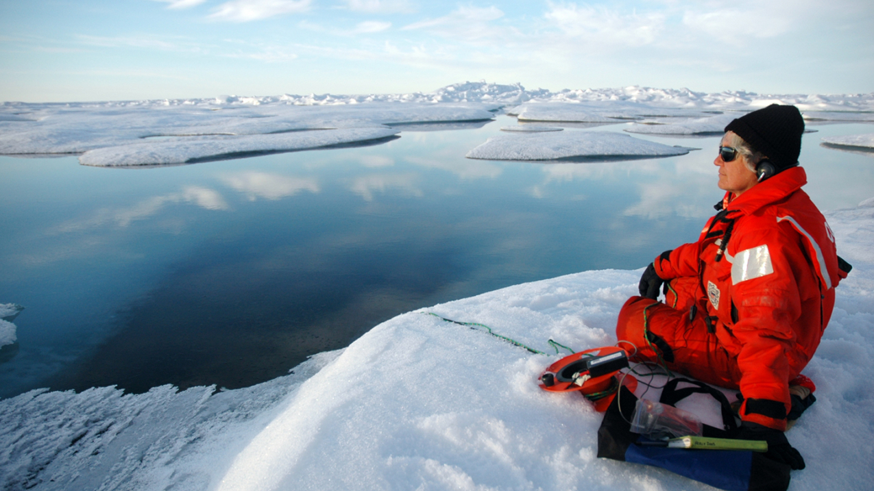 Alaska, Beaufort Sea, north of Point Barrow, 2009: Sue Moore, Ph.D, a NOAA Arctic Research scientist, uses a hydrophone to listen for whales and other marine mammals.