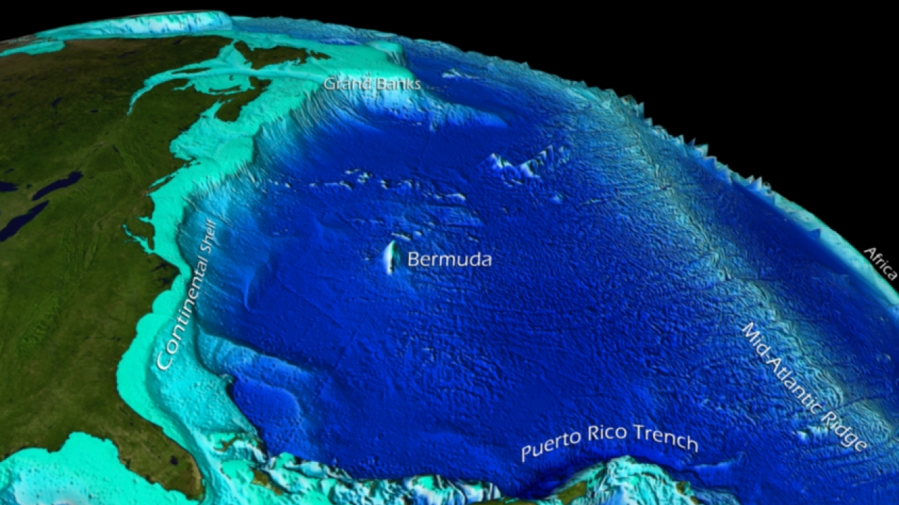 A map of the ocean floor in the North Atlantic showing major ocean floor features including the North American and African continental shelves, Bermuda, the Puerto Rico Trench, and the Mid-Atlantic Ridge.