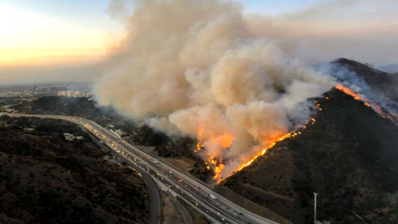An aerial photo taken October 28, 2019, by the Air Ops team from the Los Angeles County Fire Department of California's Getty Fire.