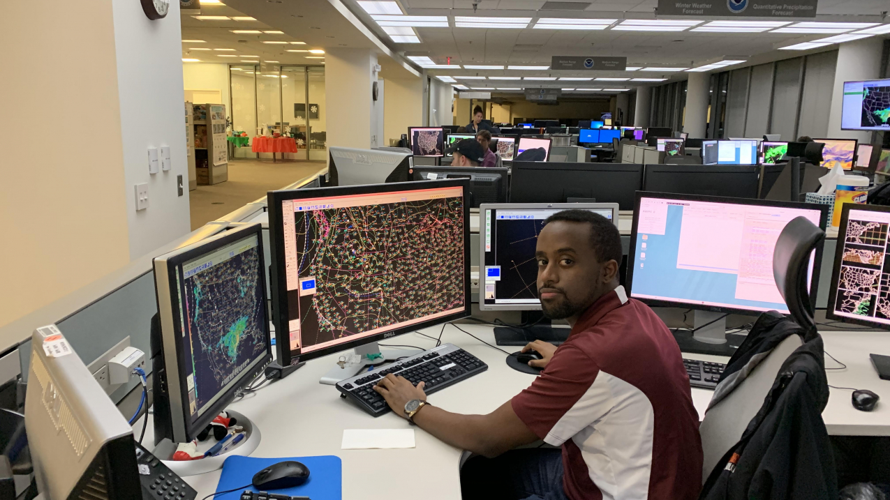 Mussie Kebede was one of the students supported by NOAA’s Educational Partnership Program with Minority Serving Institutions Cooperative Science Centers. He now works as a meteorologist for the National Weather Service, stationed in the Forecast Operations Branch of the Hydrometeorological Prediction Center.