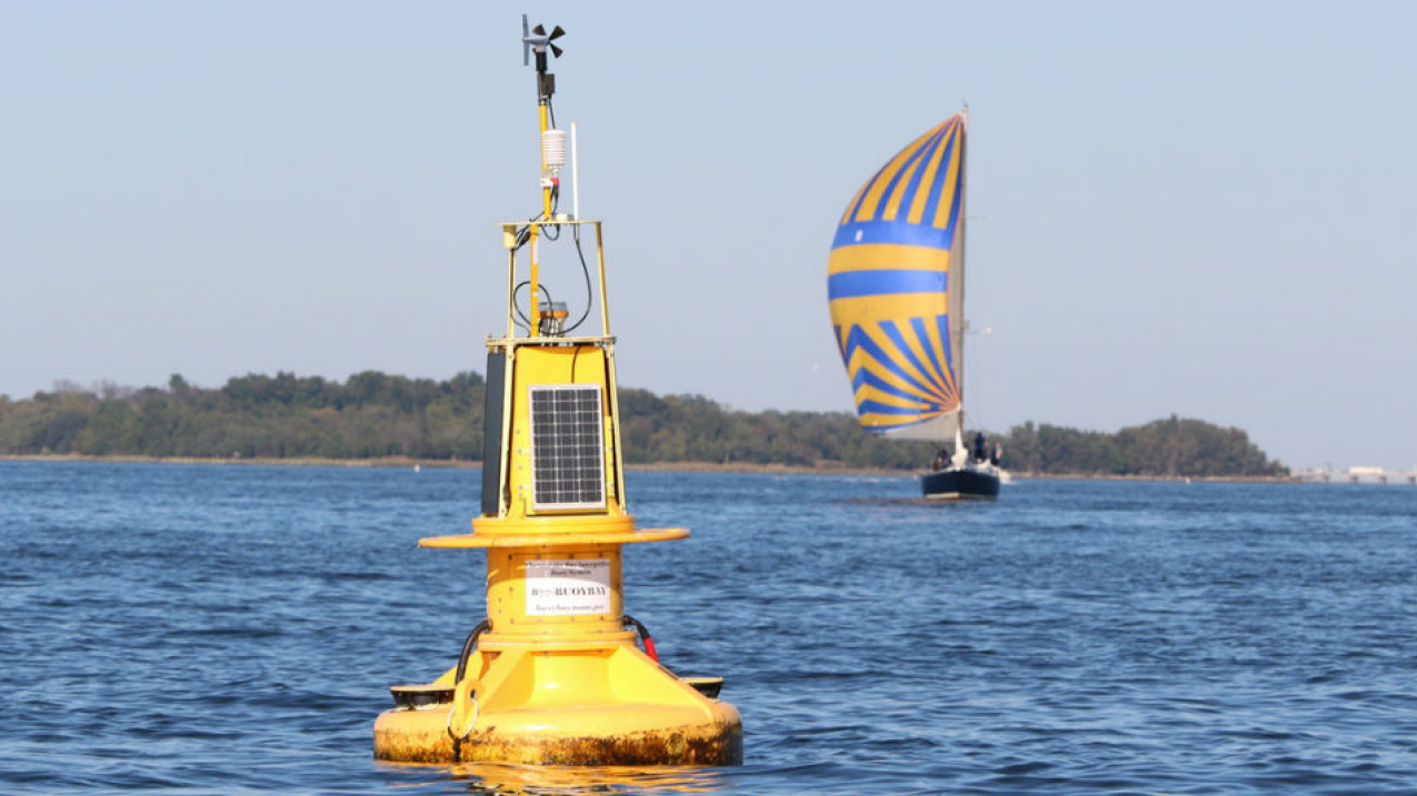 A NOAA Chesapeake Bay Interpretive buoy uses cell phone and internet technology to share in real-time the Bay’s weather and water conditions with the public. Solar panels keep the buoy’s batteries charged which provide power for the observing sensors and transmission capabilities.  