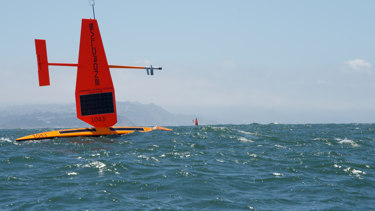 This autonomous surface vessel created by Saildrone, carrying specially designed sensors, is pictured leaving Alameda, California, in mid-May 2020, headed for the Bering Sea. NOAA will use it and two similar unmanned surface vessels to conduct a survey of walleye pollock, our nation’s largest fishery, and collect weather and ocean data that will be transmitted to the Global Telecommunications System to assist with Arctic weather forecasts. 