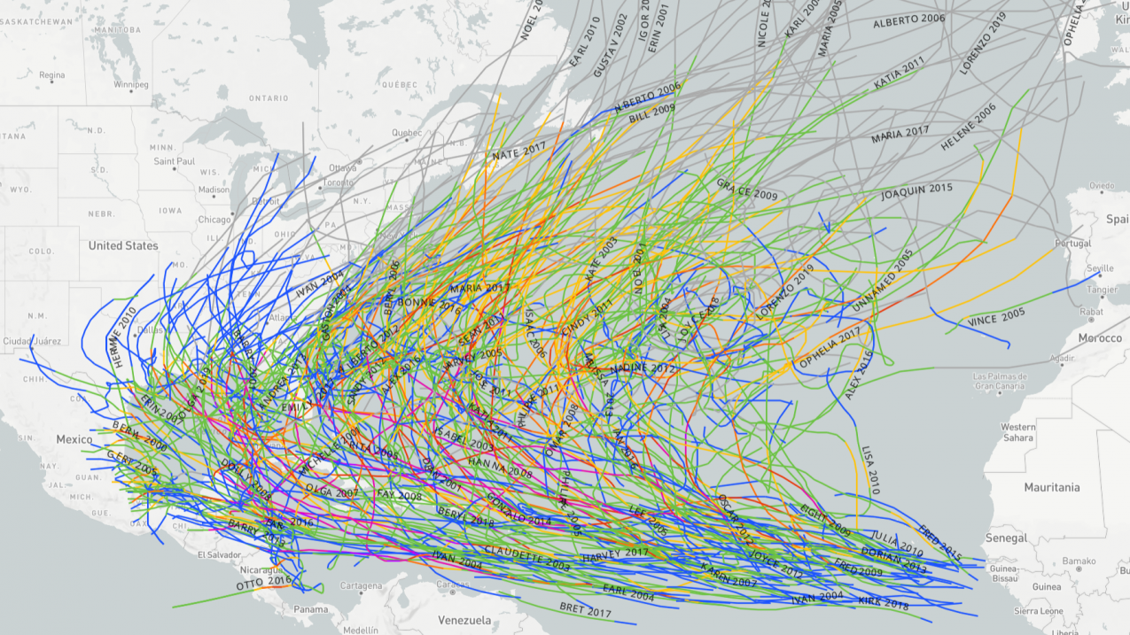 A screenshot from the historical hurricane tracks website (https://coast.noaa.gov/hurricanes/) showing hurricanes from the North Atlantic basin from 2000-2019.