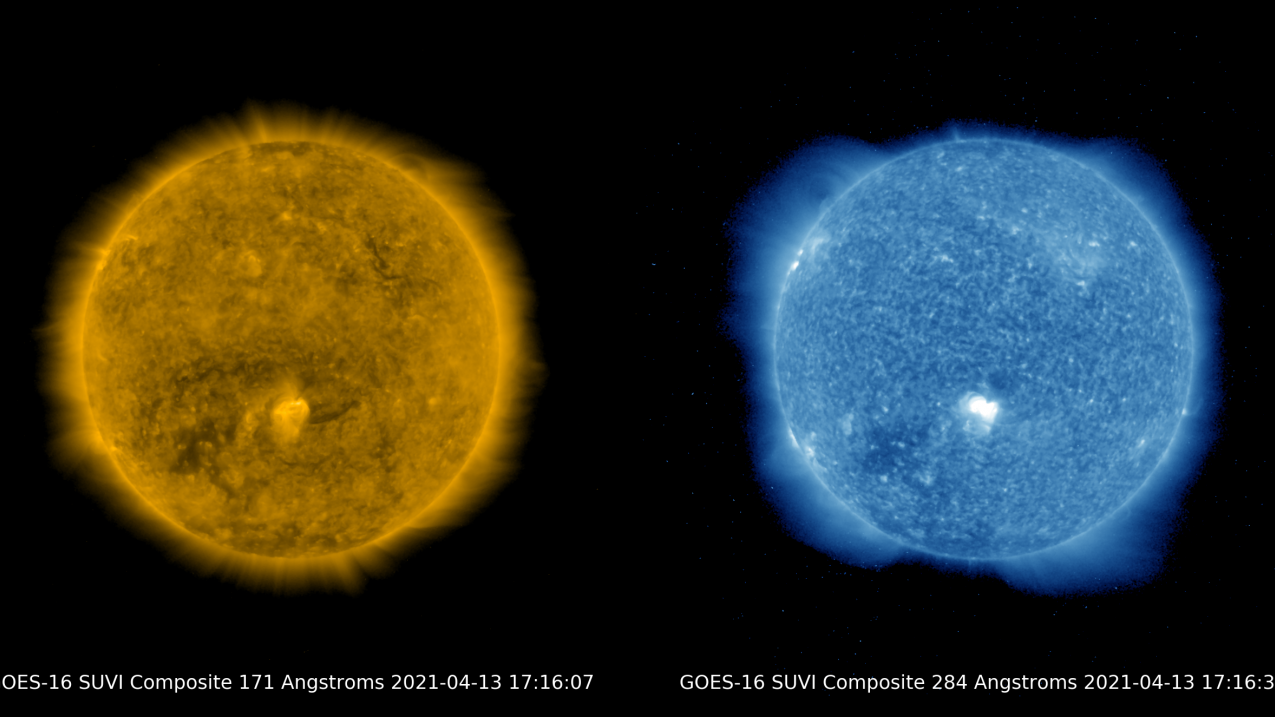Two images of the sun from GOES-16 Solar Ultraviolet Imager (SUVI) on April 13, 2021. The image on the left was taken with a 171 Angstrom filter and the one on the right was taken with a 284 Angstrom filter. Different wavelengths of light capture different information about what is happening on the sun's surface and atmosphere. The GOES SUVI captures wavelengths in the ultraviolet spectrum.