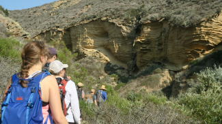 Photo depicts teachers looking at the unique geology of a cliff area on the Lobo Canyon hike on Santa Rosa Island in Channel Islands National Park.