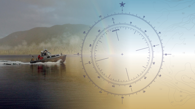 This graphic shows an electronic navigation chart imposed over a picture of a boat on the water