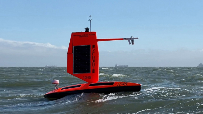 Saildrone out on the ocean that was designed for hurricane data collection.