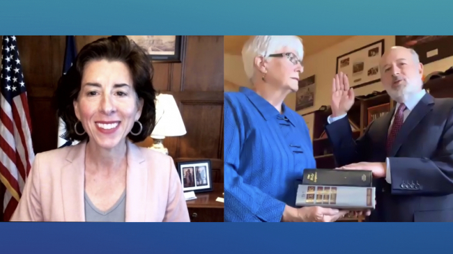 Dr. Rick Spinrad, with his wife Alanna beside him, is virtually sworn in as NOAA Administrator and Under Secretary of Commerce for Oceans and Atmosphere by U.S. Commerce Secretary Gina M. Raimondo on June 22, 2021.